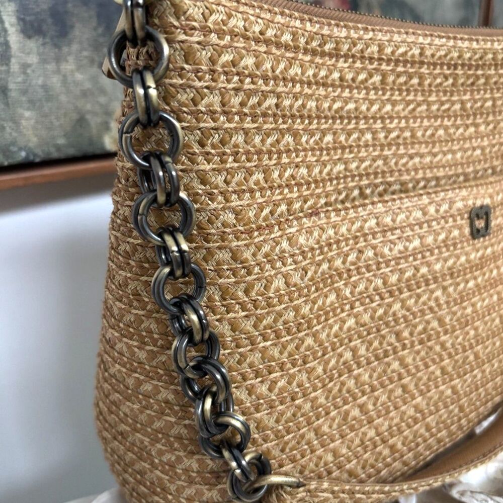 Eric Javits Vintage Squishee Shoulder Bag Woven Straw Chain Strap Tan Neutral - Picture 3 of 6